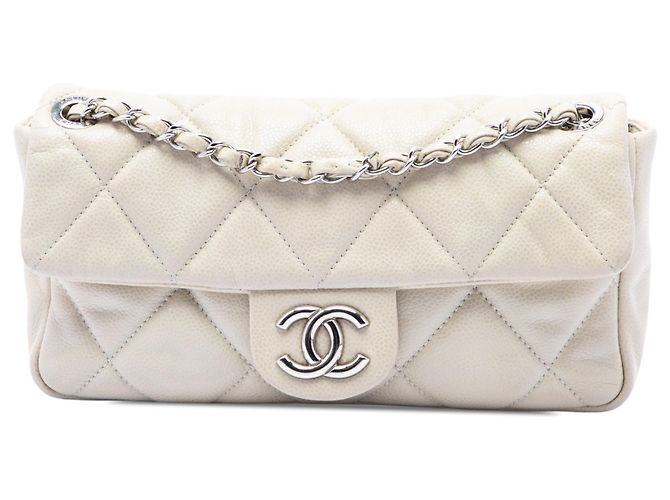 Chanel White Small Glazed Quilted Caviar Nature Flap Blanc Écru