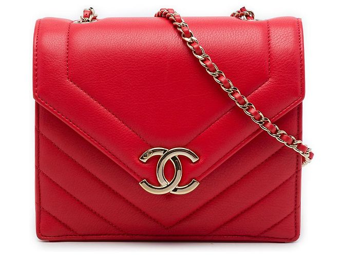 Chanel Red Small CC Chevron Calfskin Envelope Flap Roja