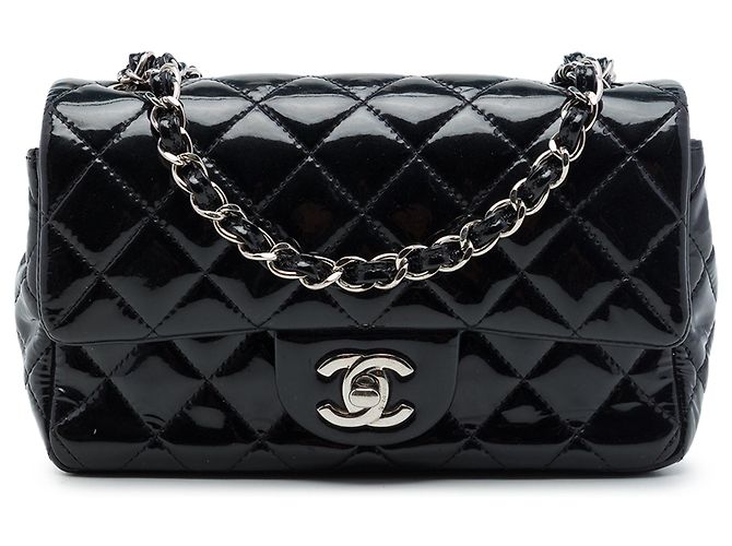 Chanel Black Mini Rectangular Classic Patent Single Flap Preto