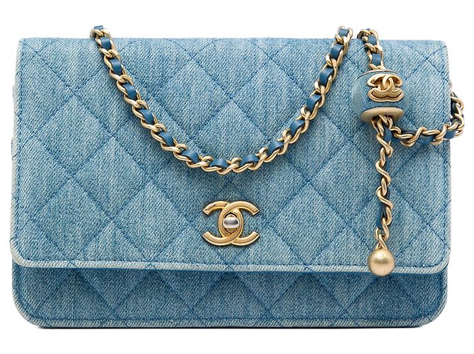 Chanel Blue CC Quilted Denim Pearl Crush Wallet On Chain