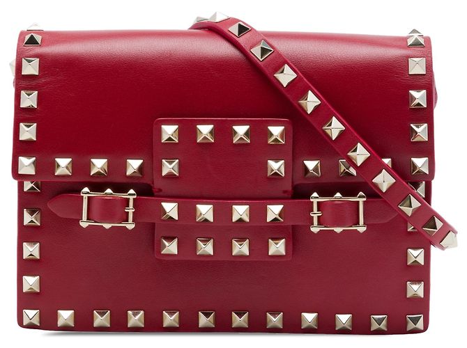 Bolsa Tiracolo Valentino Rockstud com Aba e Fivela em Pele de Vitelo Vermelha Vermelho