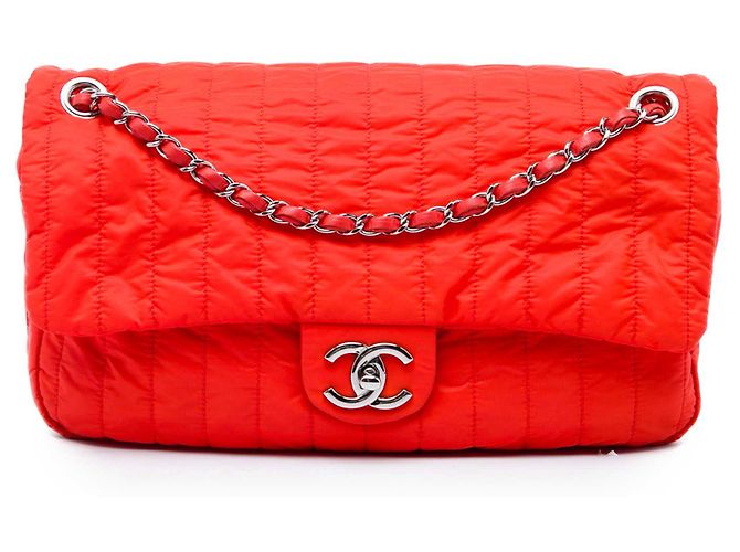 Chanel Red Jumbo Quilted Nylon Soft Shell Flap Rosso