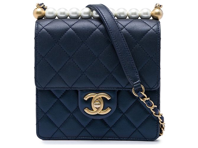 Chanel Blue Small Quilted Lambskin Chic Pearls Flap