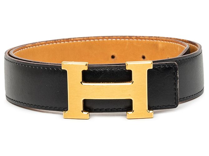 Ceinture réversible Hermès Constance H en cuir Box Calf et Courchevel noire