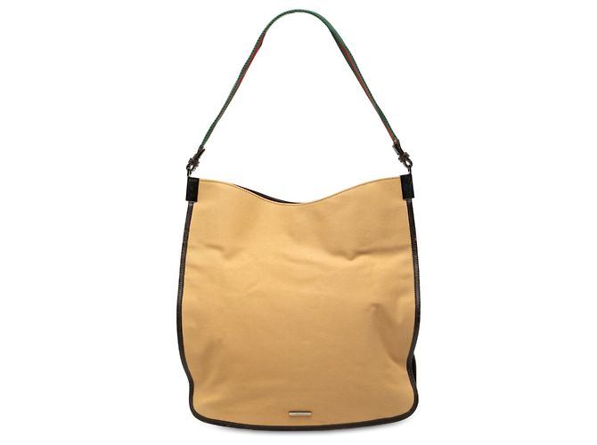 Bolsa de Ombro Gucci em Lona Bege com Web