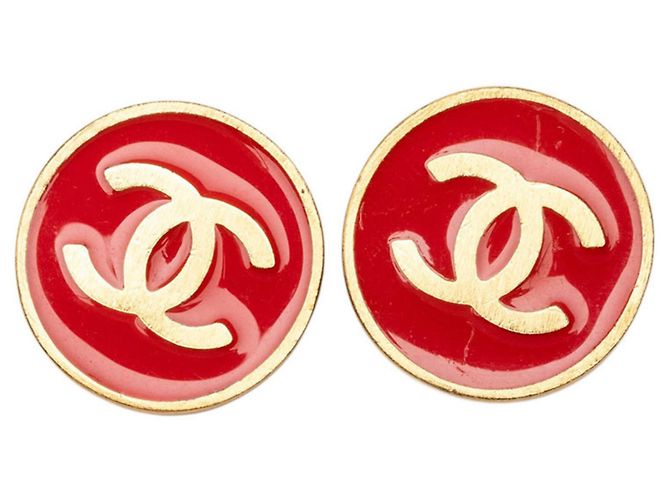 Pendientes de clip redondos Chanel Coco Mark Roja Dorado