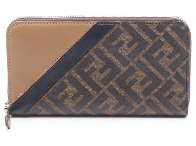 Fendi Diagonal Zucca Round Long Wallet Brown Black