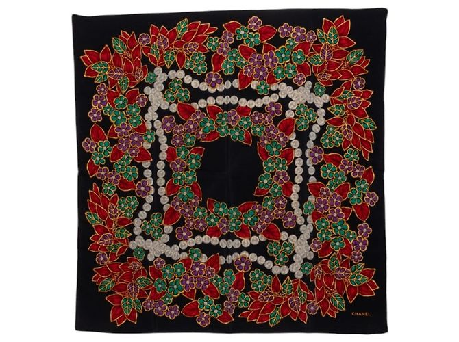 Chanel Silk Scarf Black Multicolore Jewel Pattern