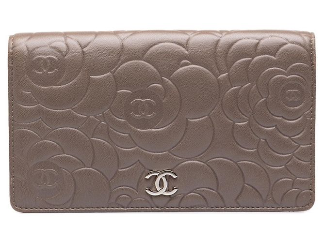 Chanel Coco Mark Camellia Embossed Long Wallet Silvery Grey