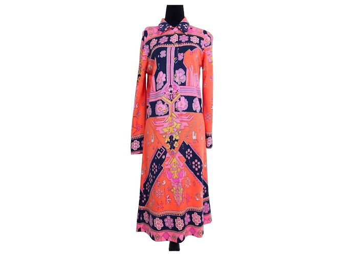 Leonard Paris Vestido Chemisier Laranja Boho Anos 70 Multicor