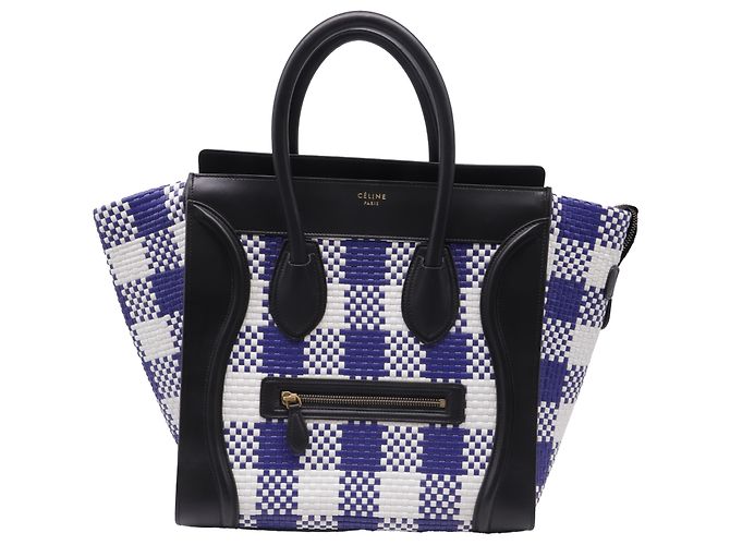 Céline Bolsa Celine Mini Luggage Plaid em couro azul e branco Multicor