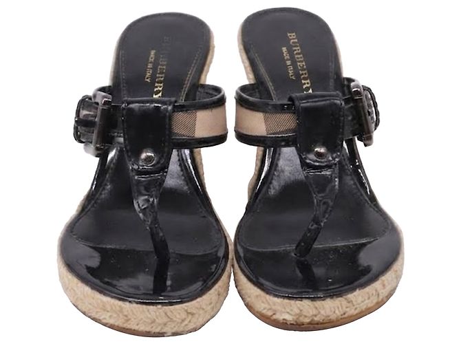 Burberry Nova Check Pattern T-Strap Sandals in Black Patent Leather