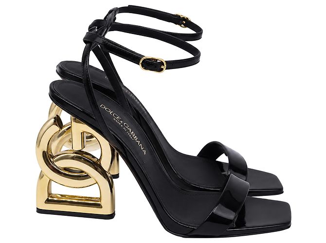 Dolce & Gabbana DG Heel Ankle Strap Sandals in Black Leather