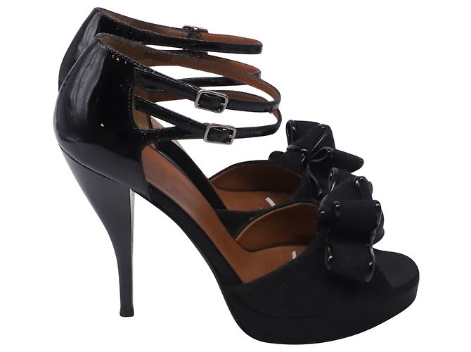 Lanvin Bow Platform Sandal Heels in Black Patent Leather