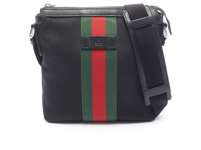 Borsa a tracolla piatta Gucci Web Stripe Nero Rosso Verde