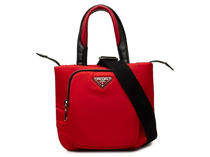 Sac à main Prada en Tessuto avec plaque logo triangle et poche Noir Rouge