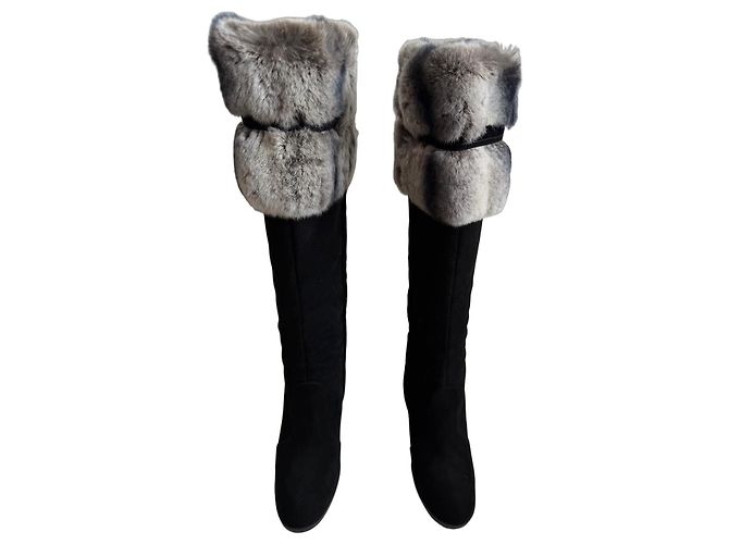 Casadei High black suede boots with fur trim