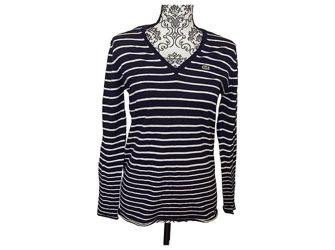 lacoste damen wollpullover v-ausschnitt gestreift marine weiß größe 44 devanlay woolmark Blau