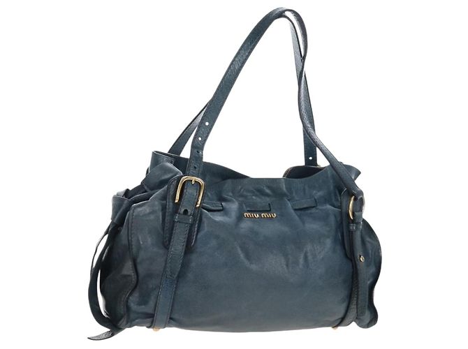 Saco Tote Miu Miu com Laço Lateral em Couro Azul Dourado Auth fm5469V