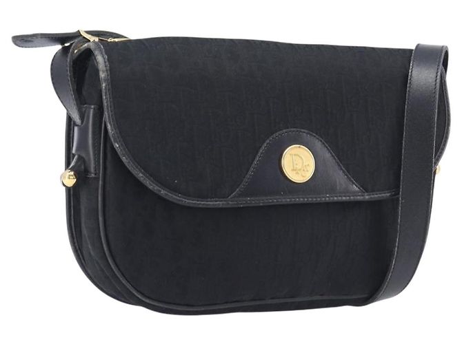 Bolsa de Ombro Christian Dior Trotter Canvas Preta Tom Dourado Auth 208865