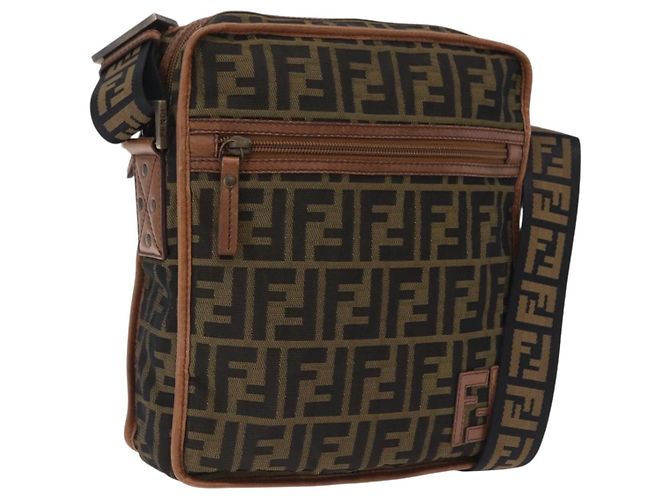 Bolso de hombro FENDI Zucca Canvas Negro Marrón 7VA152 Auth BA15976A Castaño
