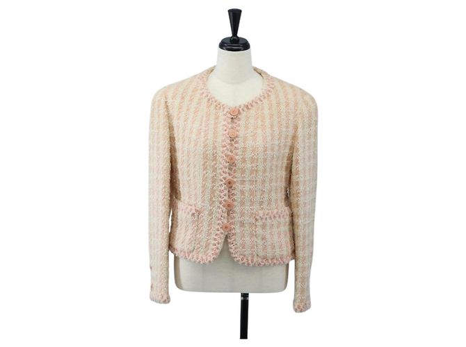 Giacca senza collo CHANEL in tweed 40 Ivory Gold CC Auth 207912M