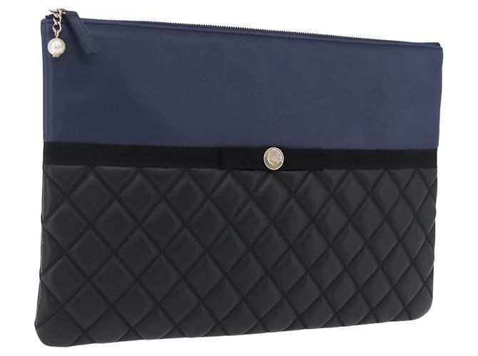 Borsa a pochette CHANEL Matelasse in pelle d'agnello nera e oro CC Auth bs37664 Nero D'oro