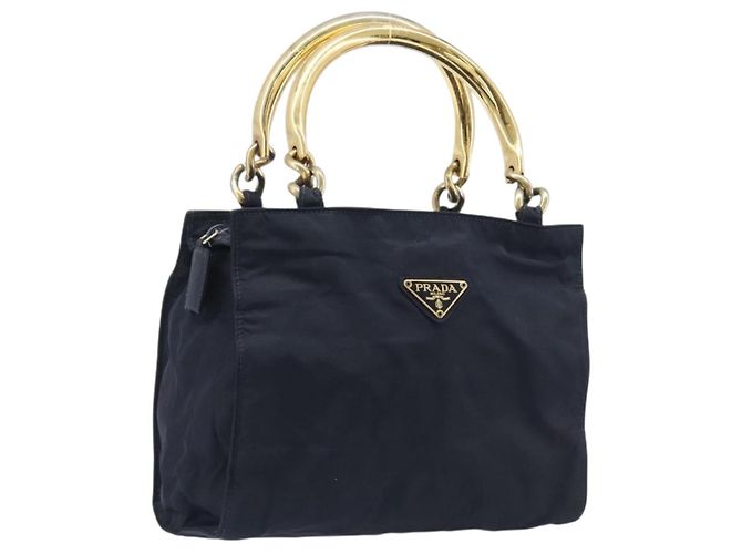 Sac à main PRADA avec poignée en métal Nylon Navy Gold Auth 207805A