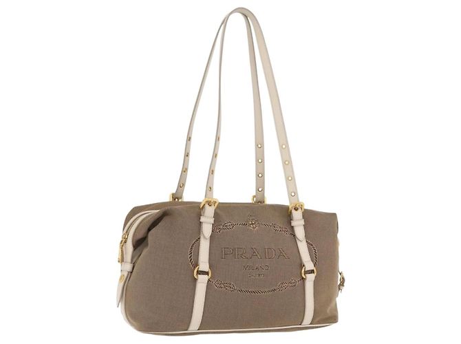 Borsa Tote PRADA in jacquard Canvas Brown Gold Tone Auth 208073V Marrone