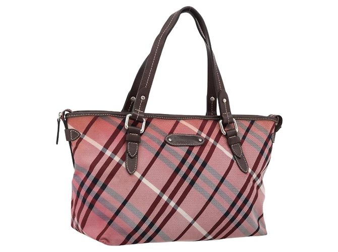 BURBERRY Nova Check Blue Label Tote Bag Canvas Rot Silber Auth ka6619