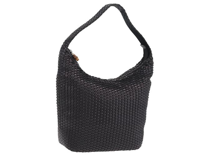 Borsa a tracolla GUCCI Bamboo in pelle nera e oro Auth 208879V Nero