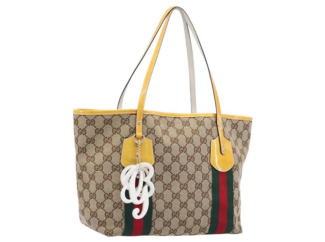 Borsa Tote GUCCI GG Canvas Web Sherry Line Beige Gold 211971 Auth 208769V D'oro