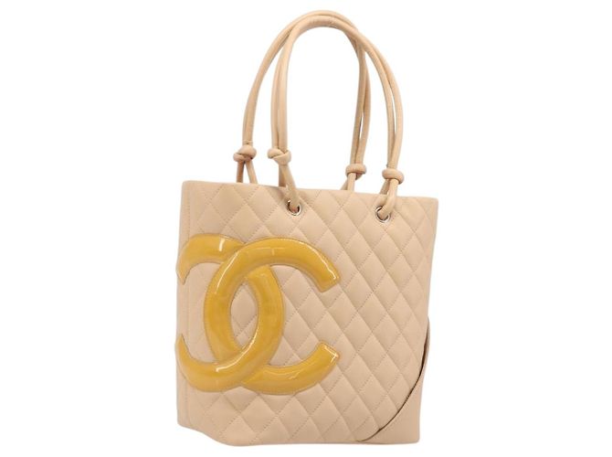 CHANEL Cambon Line Tote Bag Leather Beige Silver CC Auth ki6919SAM