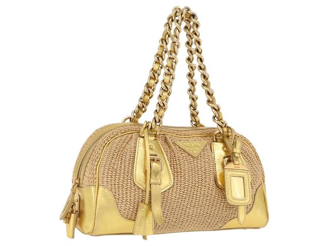Bolsa de mão com corrente PRADA em ráfia bege tom dourado BL0352 Auth am12833M