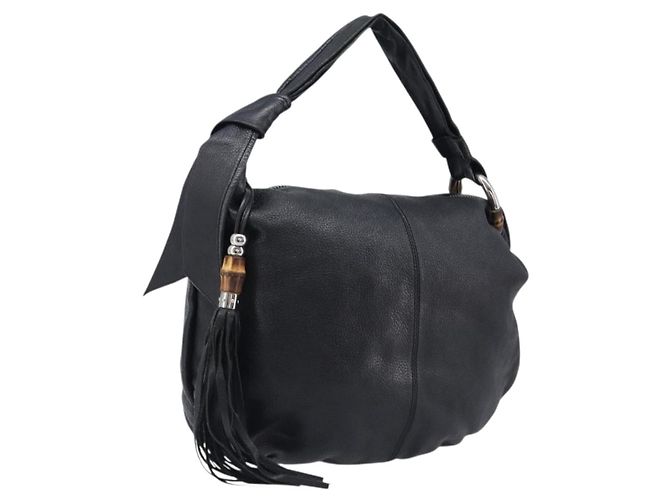 Borsa a tracolla GUCCI Bamboo in pelle nera e argento 232930 Auth 205316A Nero