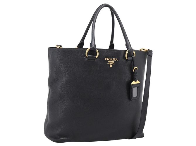 Bolso Tote PRADA de piel 2way Negro Oro Auth yk21027V Dorado