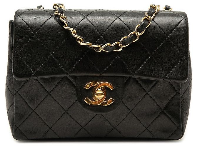 Borsa a tracolla Chanel Mini Square Classic Single Flap in pelle di agnello nera Nero