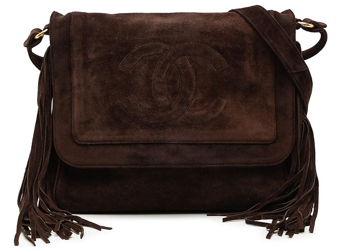 Borsa a tracolla Chanel CC in camoscio marrone con nappe