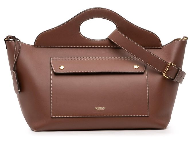 Bolsa Satchel Burberry Medium em couro de bezerro macio com bolso, Castanho Marrom