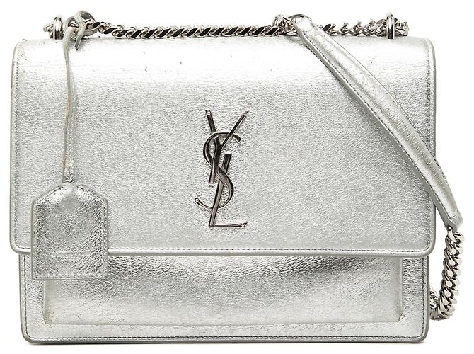 Autre Marque Borsa a tracolla Sunset Medium in pelle di vitello metallizzata argento con monogramma Saint Laurent