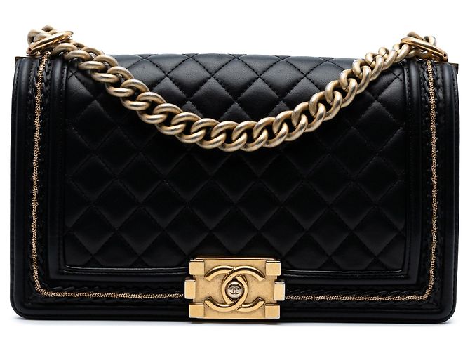 Borsa a tracolla Chanel Boy Flap in pelle d'agnello matelassé nera, dimensione Old Medium Nero