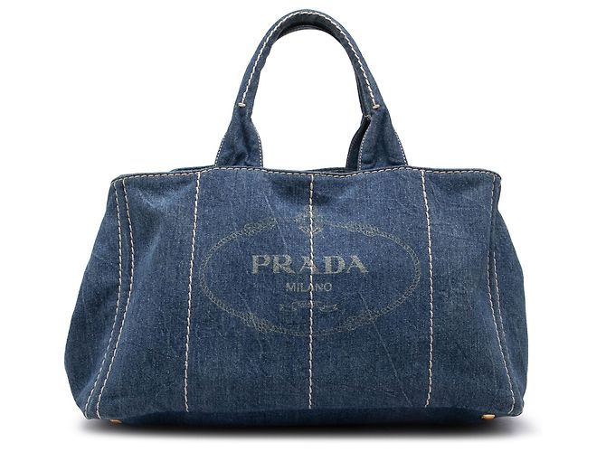 Borsa Tote Prada Large Denim Canapa Logo blu
