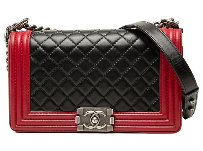 Chanel Boy Flap Crossbody Bag Bicolor aus gestepptem Lammleder, Old Medium, Schwarz
