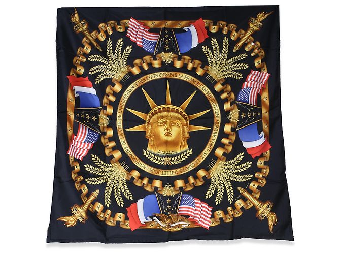 Hermès Black Multicolor Statue of Liberty Centennial Seidentuch 90