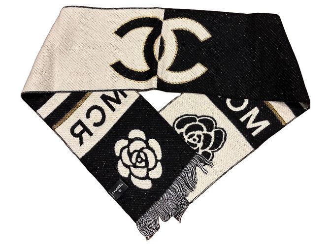 Sciarpa Chanel CC Camelia in Cashmere e Lana Nero Bianco D'oro