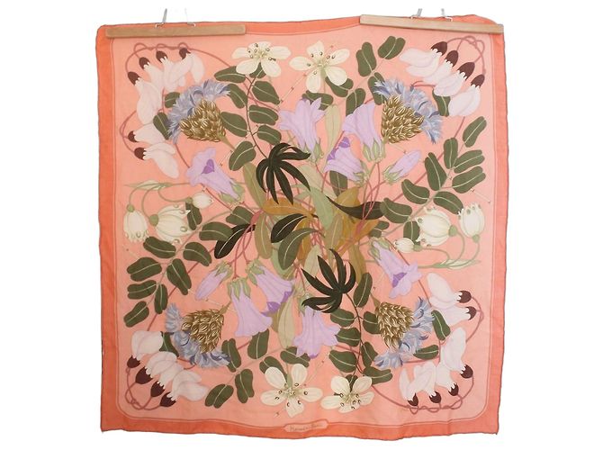 Lenço Hermès Flora Graeca rosa cashmere e seda Branco Azul Verde