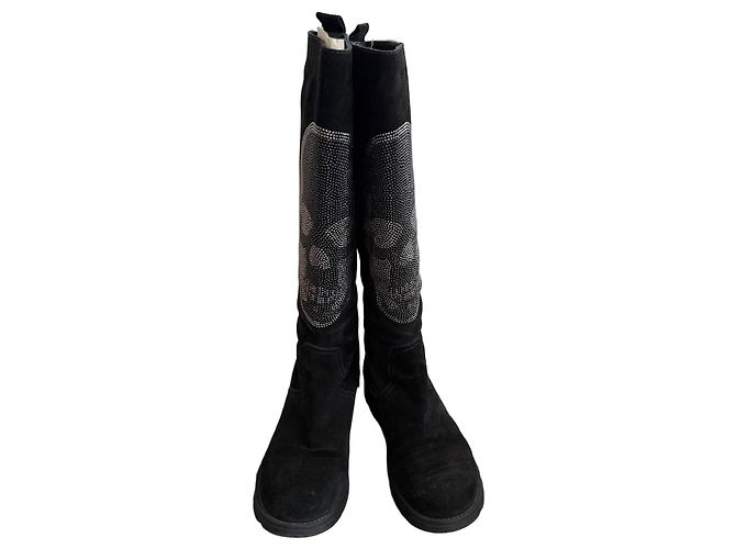 Autre Marque High black suede boots with studded skull
