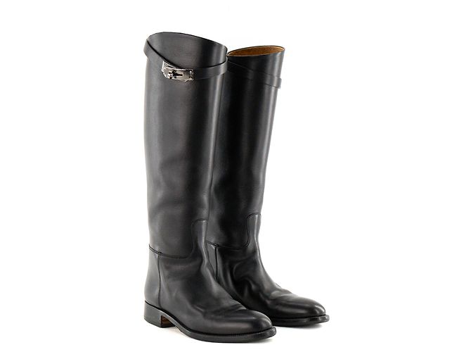 HERMÈS - Botas Jumping Hermès em couro liso preto (T37,5)