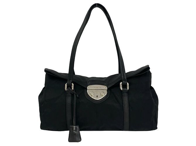 Prada Triangle Logo Hardware Tessuto Pocono Nylon Leather Tote Bag Black