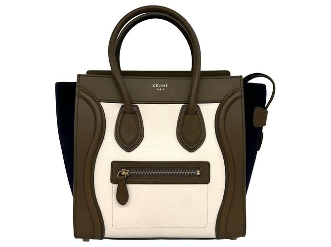Céline Sac à main Celine Luggage Micro Logo en cuir suédé Marron Écru Bleu Marine